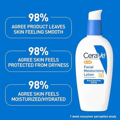 CeraVe AM Facial Moisturizing Lotion SPF 50, Face Moisturizer with SPF, Hyaluronic Acid, Niacinamide & Ceramides, Non-Greasy, Blends Seamlessly With No White Cast, Non Comedogenic Sunscreen, 3 Oz