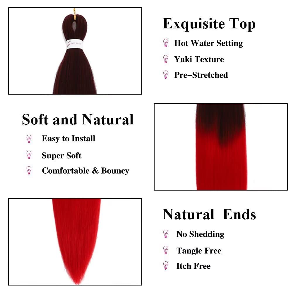 Ombre Red Braiding Hair Pre Stretched Black to Red EZ Braiding Hair 6 Packs/Lot 26 Inches Yaki Texture Braiding Hair Hot Water Setting Synthetic Fiber for Crochet Hair Extensions (Ombre Red)