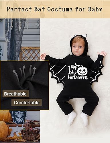 Goodstoworld Halloween Baby Bat Newborn Infant Boy Outfit Rompers 3-6 Month Girl Glowing Stuff Gender Neutral Clothes Black Long Sleeve Bodysuit with Hat