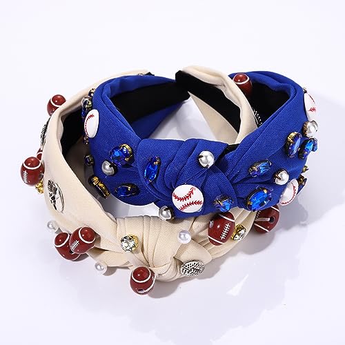 Football Headband Pearl Rhinestone Football Baseball Charms Jeweled Knotted Headband Game Day Sport Wide Headpiece Hair Accessories Gift for Sports Fan (game day headband A)