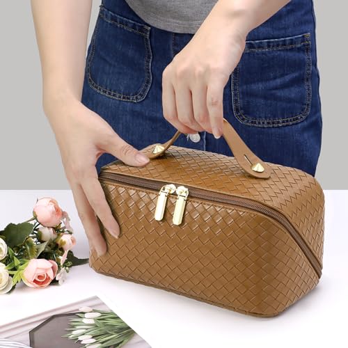 ALEXTINA Large Capacity Travel Cosmetic Bag - Portable Makeup Bags for Women Travel Toiletry Bag Waterproof Leather Checkered Makeup Organizer Bag for Travel Essentials, Open Flat Make up Bag, Black