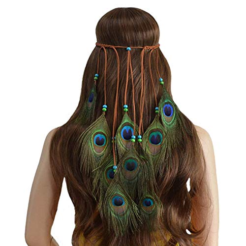 Smagiv Peacock Feather Headband Braided Bead Adjust Hippie Party Headress