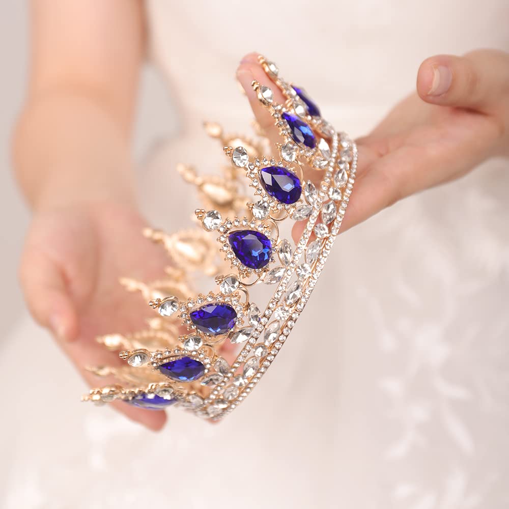 JWICOS Crystal Tiara for Women Rhinestone Bridal Wedding Full Round Tiara Hair Accessories for Girls Princess Tiara Crown Headband for Birthday Party Halloween Costume Prom (Royal Blue)