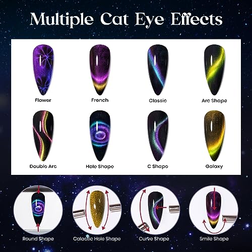MIZHSE 8 Colors 9D Cat Eye Gel Nail Polish, Upgraded Magnetic Gel Polish Kit with Magnet Stick, Galaxy Chameleon Effect Silky Cat Eye Nail Gel Soak Off Nail Art Salon Manicure Home Ladies Gift