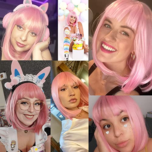 Rosa Star Ash Pink Wig Women's Short Bob Light Pink with Bangs 12'' Straight Synthetic Hair Wig for Halloween Comic-con Costume Anime Cosplay Party