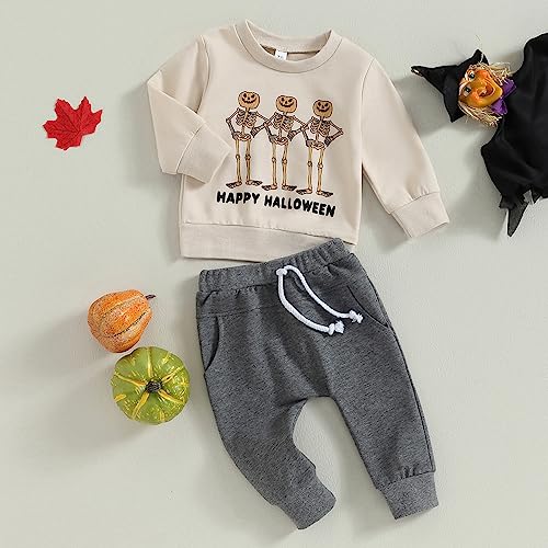 FYBITBO Toddler Baby Halloween Outfits Boy Spooky Season Crewneck Sweatshirt Top Shirts Pants Fall Halloween Clothes Set (Boo Ghost-Brown, 0-6 months)