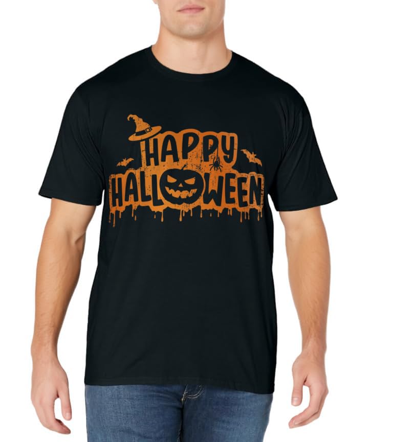 Scary happy halloween with witch hat pumpkin face and bats T-Shirt