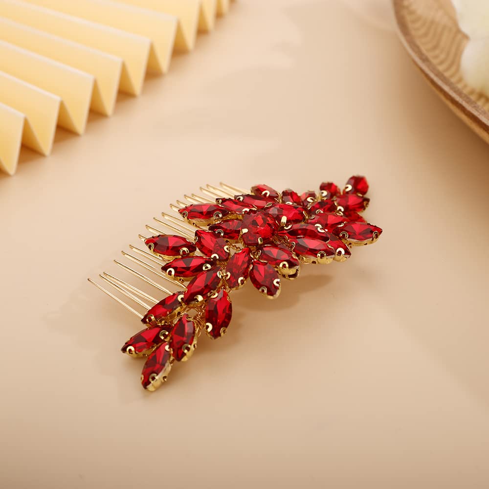 BERYUAN Crystals Hair Comb for Bride for Women for Girls Cute Teardrop Hair Comb Slide Multi-Color RED