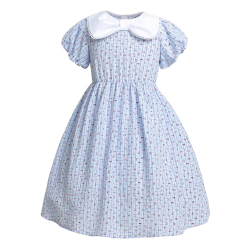 LTAKK Prairie Dresses Girls Pioneer Colonial Costume Girl Pilgrim Dress with Apron and Bonnet, Blue Plaid Floral, Small