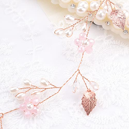 Teyglen Wedding Bride Rhinestones Pearls Crystal Headband Hair Vine Handmade Bridal Rose Gold Flower Beads Leaf Headband Wedding Hair Accessories for Brides Floral Hair Pieces Headpieces for Women