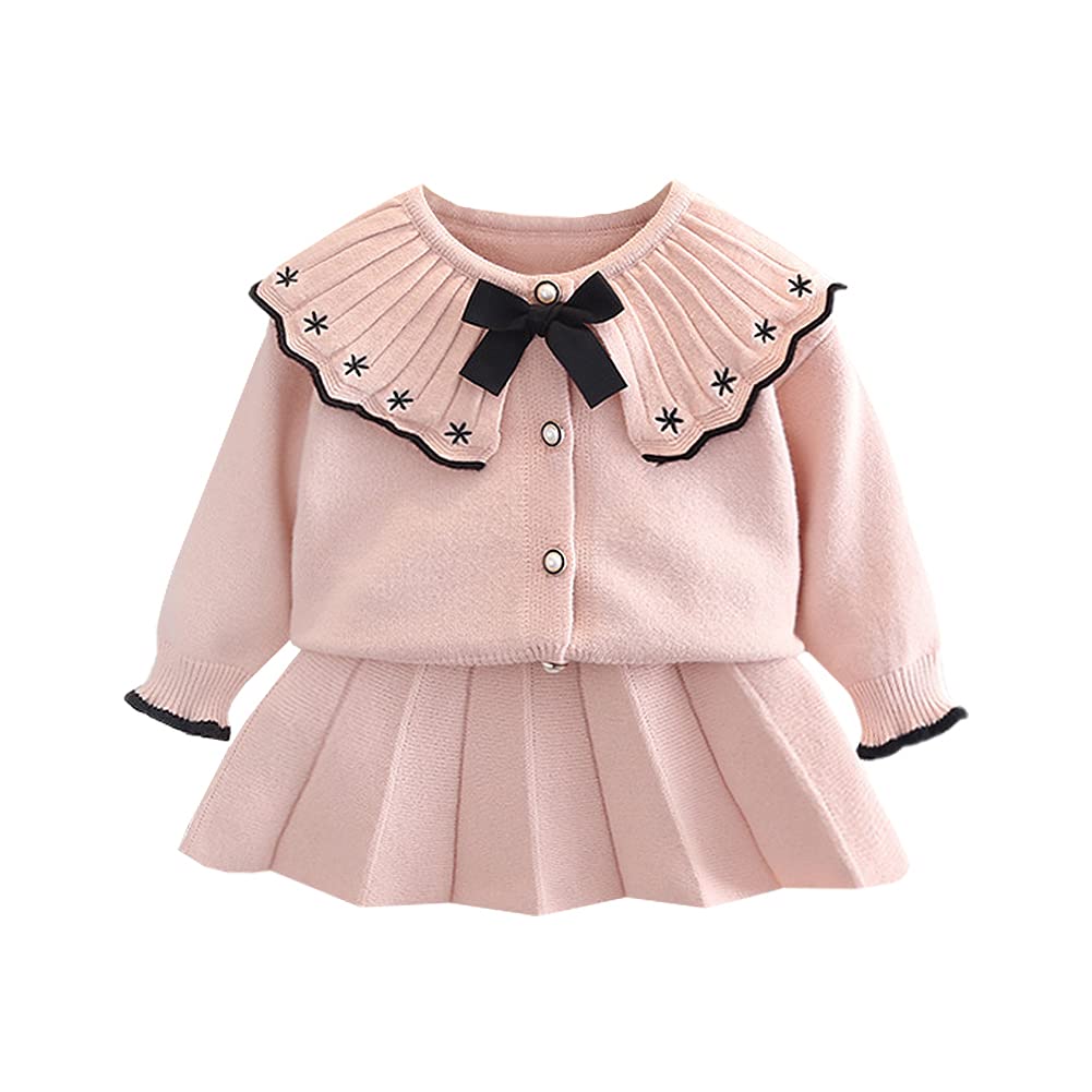 Toddler Baby Girls Autumn Winter Fall Clothes Knit Long Sleeve Ruffle Sweater Top+Pleated Mini Tutu Skirt 2pcs Outfit for Kids Princess Casual Playwear Homewear Clothing Set Pink-Black 4-5T