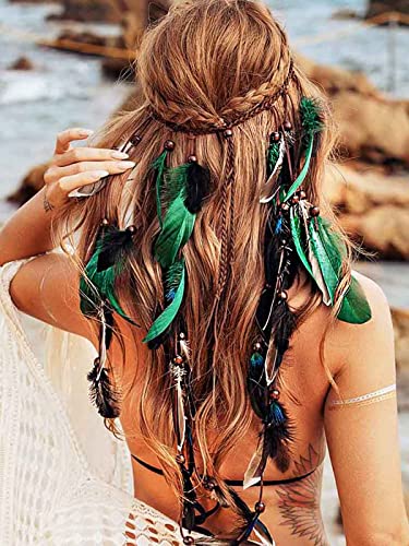 CAKURE Boho Feather Headbands Indian Headdress Gypsy Headpiece Peacock Hair Bands Bohemian Hippie Headbands Adjust Headwear Long Feather Hair Accessories for Women and Girls (Type C)