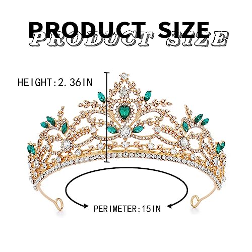 Foyte Baroque Queen Crown Wedding Rhinestone Tiara Gold Bride Crystal Hair Accessories Princess Gemstones Headband Crowns for Women (green rhinestone)