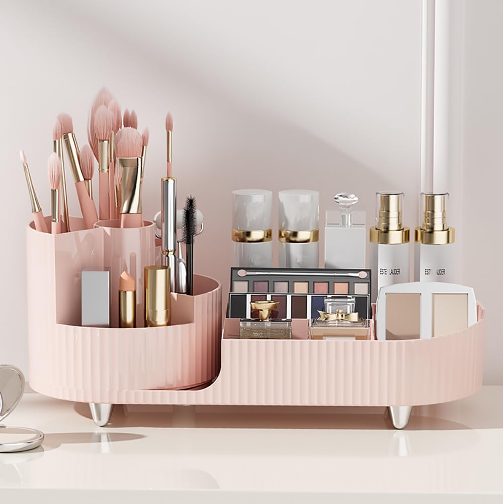 Makeup Organizer Countertop Rotating Makeup Organizer for Vanity Large Capacity Cosmetic Display Case with Makeup Brush Holder Cosmetic Organizer Countertop（Pink）