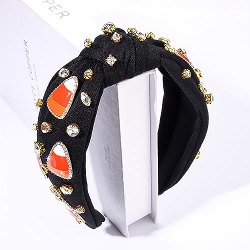 Halloween Headbands Rhinestone Knotted Headband for Women Crystal Spider Candy Corn Jeweled Embellished Wide Top Knot Hairband Halloween Cosplay Party Hair Accessories (Candy Corn Knot Hairband)