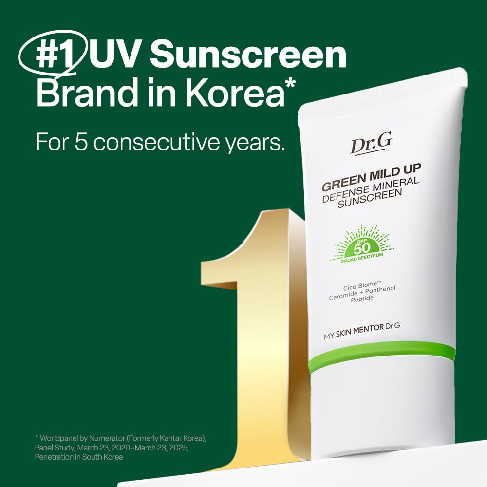 Dr. G Green Mild Up Defense Mineral Sunscreen - SPF 50 Broad Spectrum - Lightweight & Reef-Safe Formula for Sensitive Skin - 1.69 fl oz