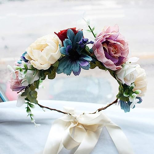 YnimioAOX Handmade Adjustable Flower Wreath Headband Halo Floral Crown Garland Headpiece, B22-purple white