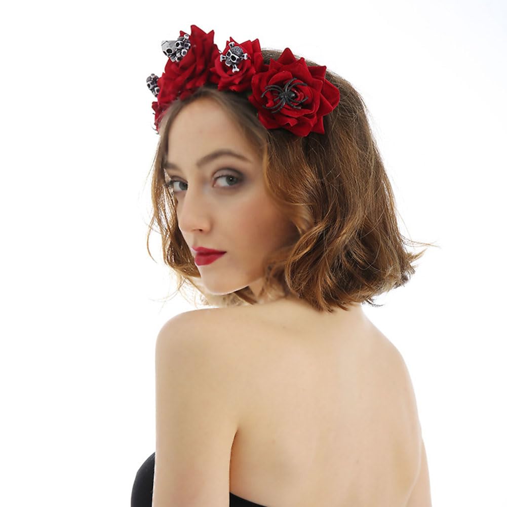 Halloween Skull Floral Crown Headband Mexican Day of the Dead Costume Gothic Rose Flower Garland Headwear Hair hoop for Women