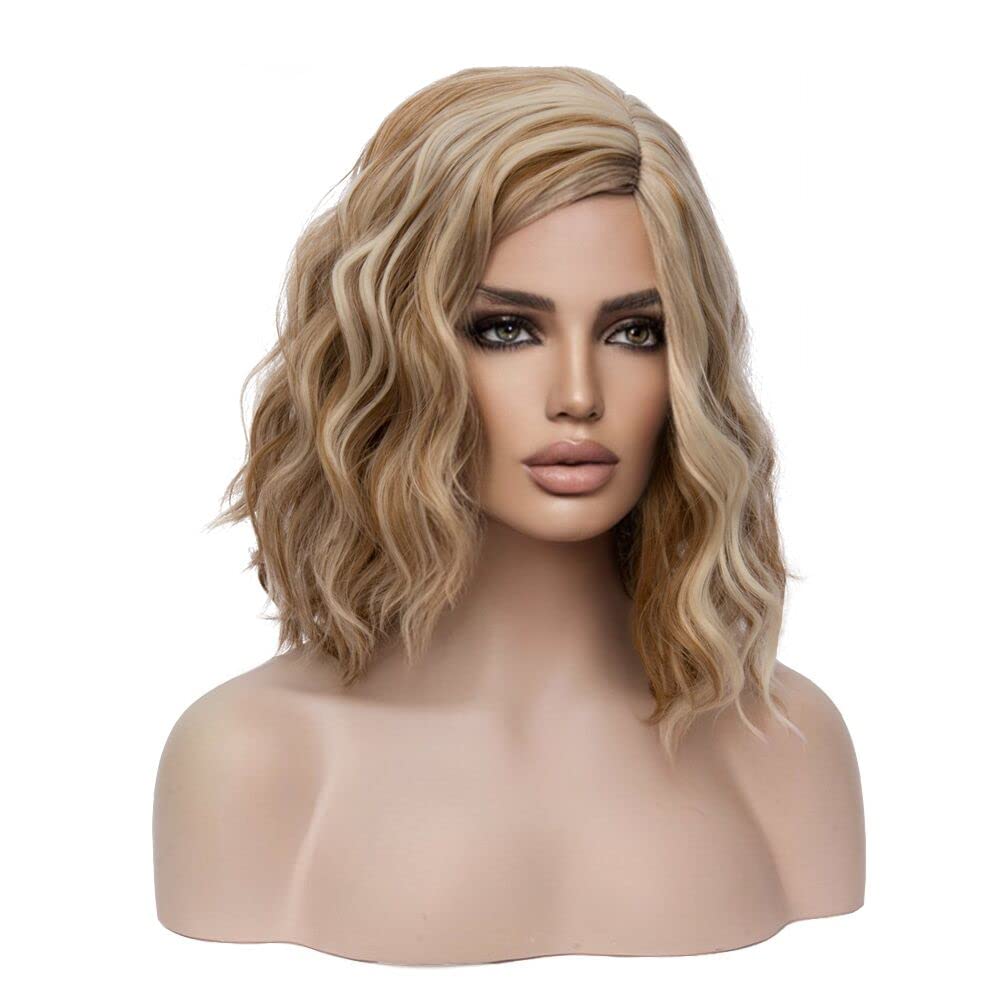 MAGQOO Blonde Brown Wig Side Part Short Curly Wavy Bob Wig Dirty Blonde Hair Wigs Brown Highlight Wig Synthetic Heat Resistant Cosplay Costume Party Wigs