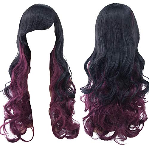 Crazy Cart 27.6" Upgrade Version Wig Gradient color Long Hair Women and Girl Cosplay Party Costume Wig (Black, Wine Red)