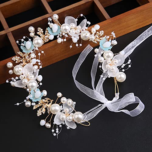 Wedding Hair Accessories for Kids, Flower Girl Hair Accessory, Princess Headpiece White Flower Headband Pearl for Girl and Flower Girls Cute Bridal Wedding Hair Band, Women's Fashion Headbands (Blue)