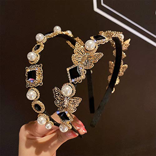 Aimimier Baroque Black Crystal Headband Vintage Butterly Gemstone Pearl Crown Delicate Bridal Rhinestone Hair Hoop for Women and Girls (Style 2)