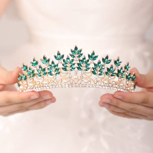 JWICOS Baroque Tiara Crown for Women Pearl Floral Queen Crown Bridal Headpieces for Brides and Bridesmaid Royal Accessories for Birthday Prom Pageant Party Gift (Emerald Green)