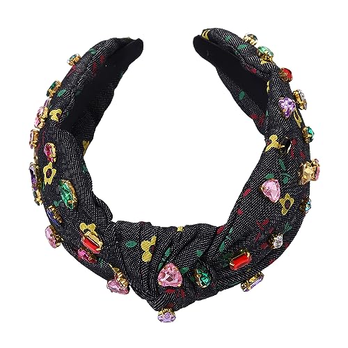 MOLOCH Crystal Knotted Headbands for Women Floral Heart Rhinestone Headbands Jeweled Embellished Wide Headband Summer Beach Party Hair Accessories (Black)