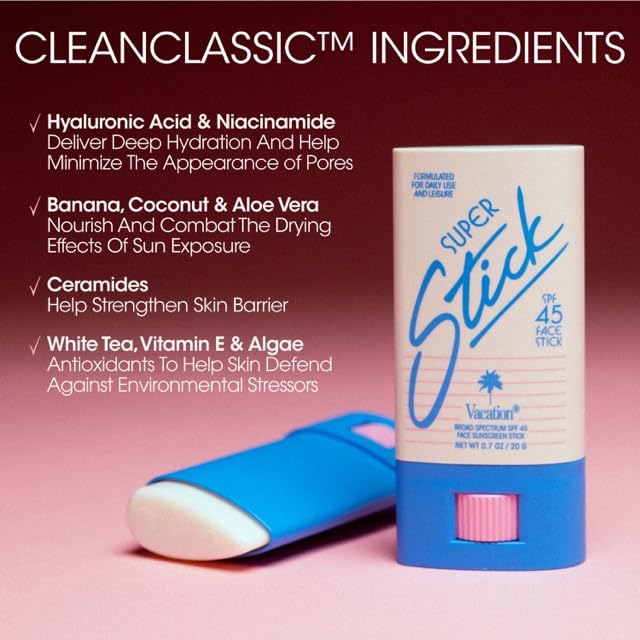 Vacation Super Stick SPF 45 - Clear Sunscreen for Face | Travel Size with Hyaluronic Acid, 0.7 Oz