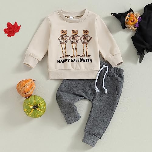 FYBITBO Toddler Baby Halloween Outfits Boy Spooky Season Crewneck Sweatshirt Top Shirts Pants Fall Halloween Clothes Set (Boo Ghost-Brown, 0-6 months)