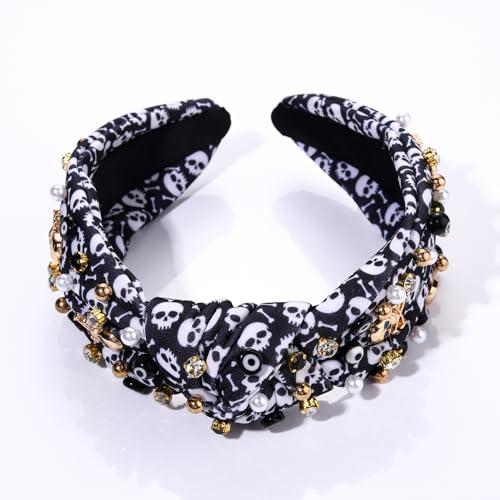 Halloween Headbands Rhinestone Knotted Headband for Women Crystal Spider Candy Corn Jeweled Embellished Wide Top Knot Hairband Halloween Cosplay Party Hair Accessories (Skull charm Print Knot)