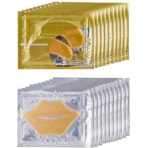 10 Pairs Collagen Crystal Eye Mask and 10 Pcs Collagen Crystal Lip Mask, Anti Aging Eye and Lip Mask, Collagen Crystal Mask Set (Gold)