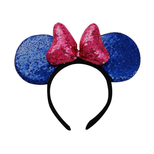 YOVECATHOU Mouse Deluxe Ear Bow Headbands Sequins Hairbands Women Hair Accessories For Cosplay Costume Party (Royal Blue Rose Red)