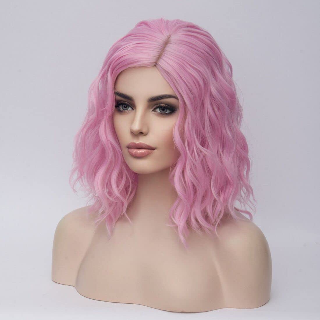 MAGQOO Pink Wig for Women Short Pink Wig Pink Bob Wig Short Curly Wavy Pink Hair Wigs Synthetic Halloween Cosplay Costume Party Wigs