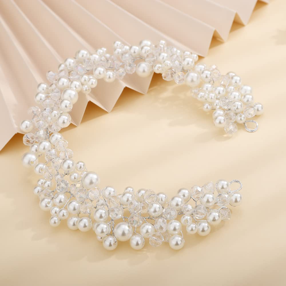 Teyglen Wedding Bride Pearl Crystal Headband Hair Vine Handmade Bridal Silver Rhinestones Beads Headband Wedding Hair Accessories for Brides Hair Pieces Headpieces for Women Girl (Silver)