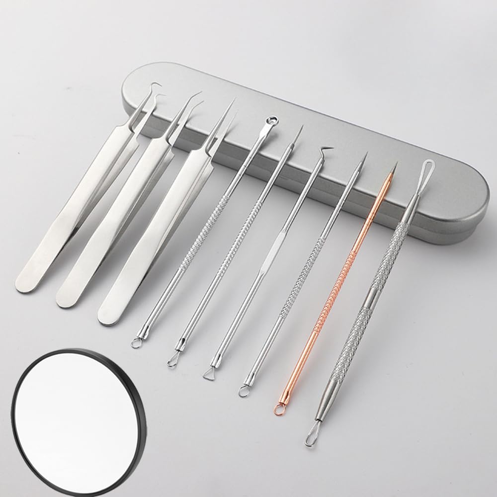 Medical Grade Stainless Steel Blackhead Remover Tools Extraction Kit, Professional Blackhead/Whiteheads/Milia/Pimples Remover for Face (9PCS with 15x Magnifier)