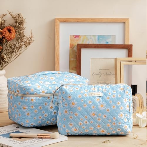 HBselect Quilted Makeup Bag, 3PCS Cotton Large Travel Makeup Bag, Cute Floral Coquette Make up Bag Cosmetic Bag Toiletry Bag for Women Girls