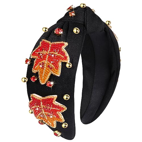 mokkia Fall Headband for Women Thanksgiving Rhinestone Pearl Knotted Headband Orange Beaded Maple Leaf Embellished Headband Wide Top Knot Headband Autumn Fall Accessories Outfits Gifts (Maple Leaf 1)