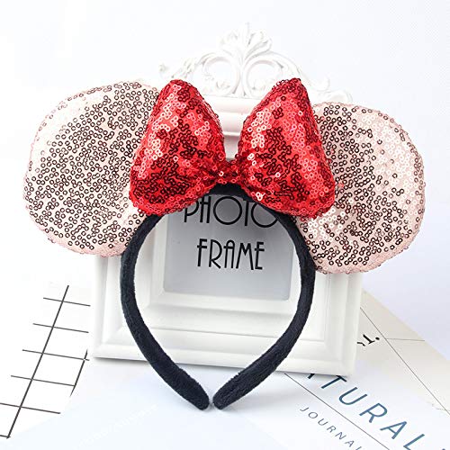 A Miaow 3D Black Mouse Sequin Ears Headband MM Glitter Butterfly Hair Clasp Park Supply Adults Women Photo Accessory (Champagne and Red)