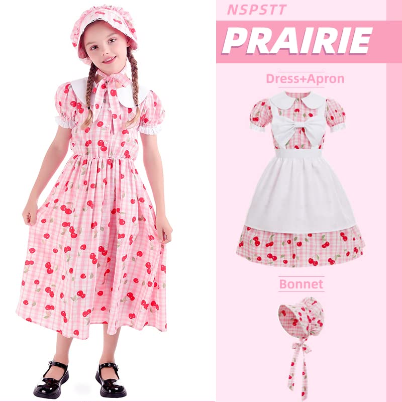 NSPSTT Prairie Dresses for Girls Pioneer Costumes for Girls Amish Dress Colonial Girl Cherry Plaid Dress, Pink, XL age over 4 years old