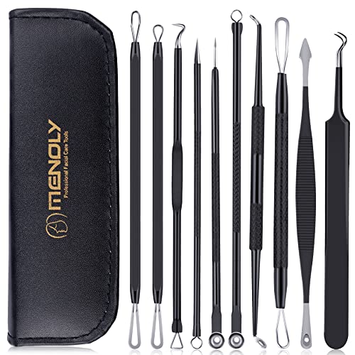 MENOLY Pimple Popper Tool Kit 10 Pcs, Pimple Blackhead Remover Tool Zit Popper for Blemish, Pimple Comedone Extractor Acne Tool for Blackheads, Acnes, Whiteheads Nose Face Tools with Leather Bag