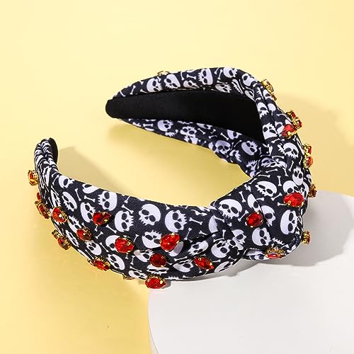 Halloween Headband Black Halloween Skull Candy Corn Print Wide Knotted Headband Accessories forWomen Rhinestone Bead Halloween Themed Charm Top Knot Headband Halloween Costume Party Hair Accessory