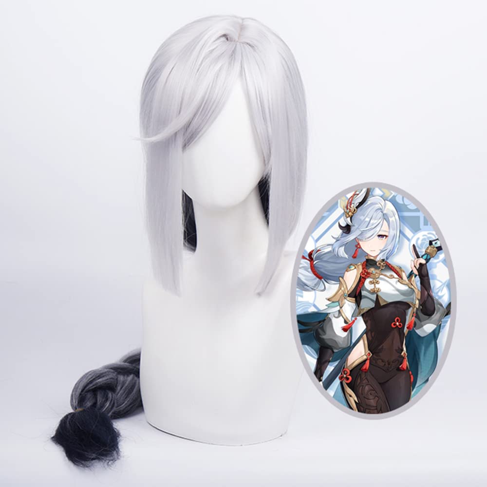 Long Silver Anime Wig Genshin Impact Shen He Cosplay Wig with Free Wig Cap for Comic Con, Cosplay show, Halloween