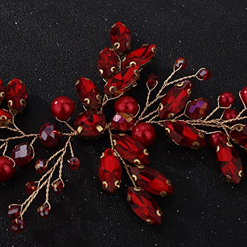 Teyglen Rhinestones Pearls Crystal Bridal Headband Hair Vine, Handmade Headpieces for Brides and Women (Red)