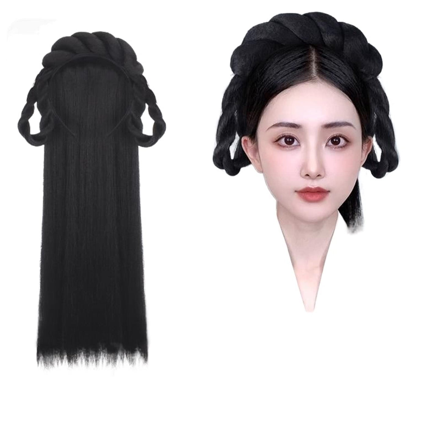 Oligage Hanfu Wig Headband Women Chinese Style Hair Piece Antique Modelling Cosplay Pad Hair Accessorie Headdress Black (Color : FG29)