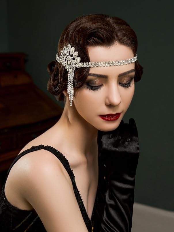 SWEETV 1920s Headpiece for Women, Rhinestone Roaring 20s Great Gatsby Headband Art Deco Hair Accessories