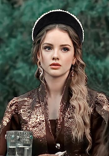 C-ZOFEK Anne Headband Velvet Pearl Tudor French Hood Gothic Renaissance Halloween Hair Accessory (Black-B)