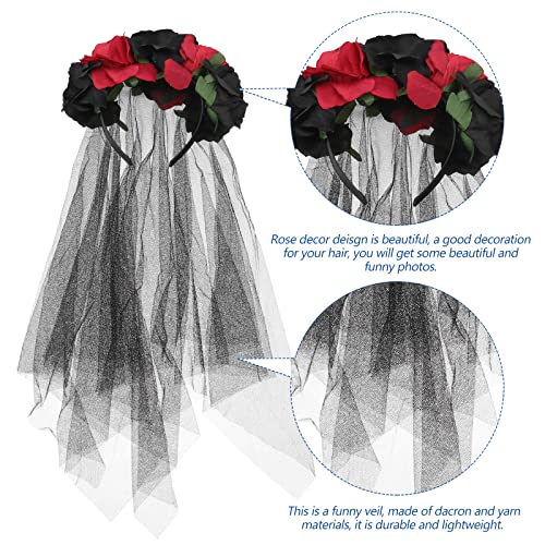 Beaupretty Halloween Headband with Roses Veil Day of the Dead Headpiece Flower Crown Veil