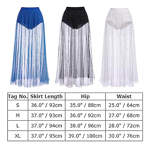 Women's Sheer Mesh 2 in 1 Glitter Sequin Elasticized High Waist A Line Party Maxi Skirt Sparkle Galaxy Sequin Tulle Cover ups Festival Outfits Costume Black Polka Dot S