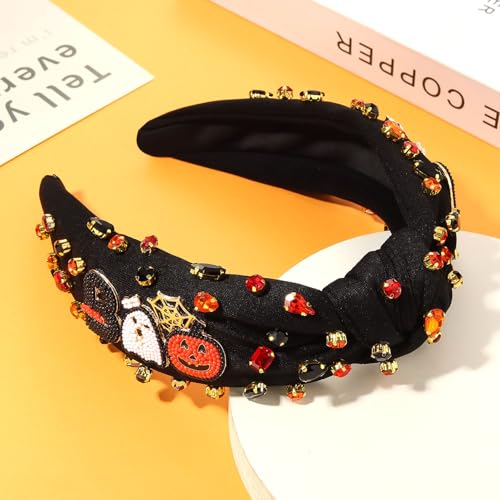 YAHPERN Halloween Headband for Women Spooky Pumpkin Ghost Headband Jeweled Rhinestone Knotted Headband Halloween Accessories